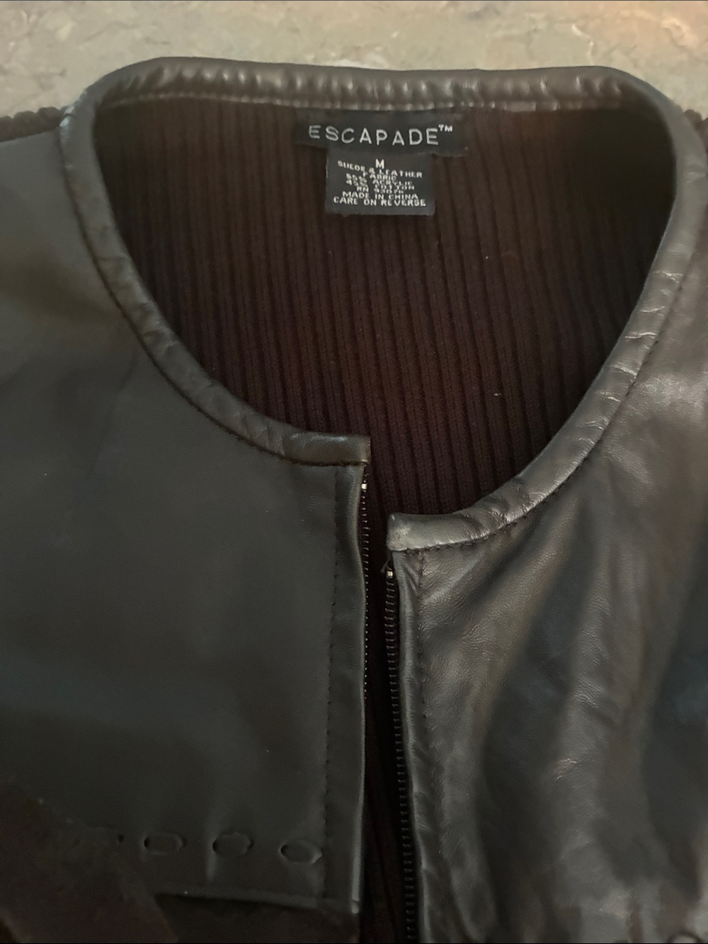 Escapade Women’s Black Faux Leather Collarless Zip Jacket